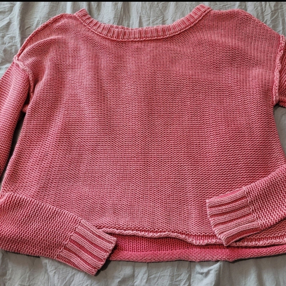 American Eagle Womens SZ XS Oversized crop Cotton‎ Knit Sweater distressed Pink - Picture 8 of 11